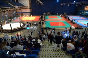 A terem látképe a grappling szőnyegekkel és a ketreccel